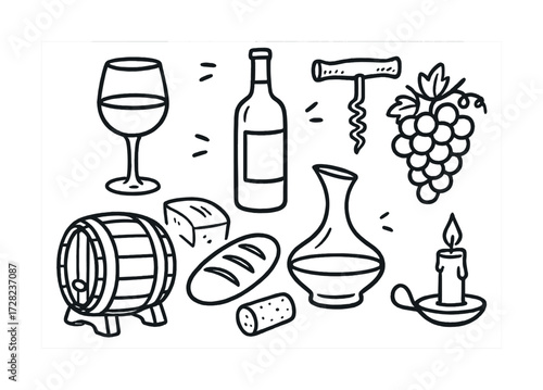 Hand-drawn wine elements with glass, bottle, barrel, cheese, bread, candle, corkscrew, grapes