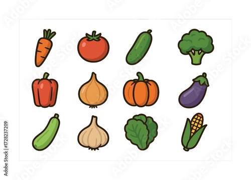 Colorful assortment of vegetables: carrot, tomato, cucumber, broccoli, pepper, onion, pumpkin, eggplant
