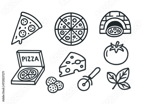Hand-drawn pizza elements - slices, cheese, oven, tomato, basil, cutter icons