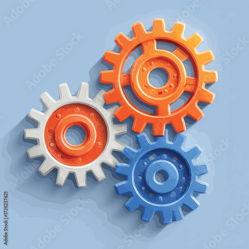 鮮やかなオレンジ、白、青の三つの歯車が精密に噛み合い、効率的な連携、協調、そして複雑なメカニズムの円滑な動作を視覚的に表現した高品質なベクターグラフィックデザイン。