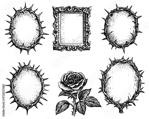茨の冠を模したフレームと繊細な手描き薔薇が、ゴシック様式の美学を表現するビンテージ調ベクターイラストコレクション。