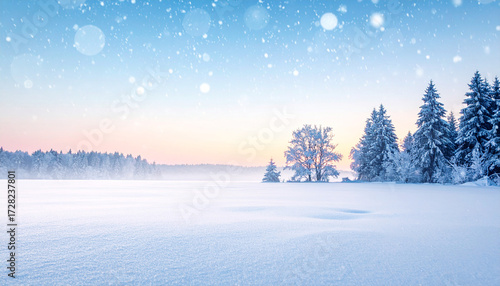 Wallpaper Mural A serene winter landscape featuring snow-covered trees and a frozen lake under a clear blue sky. Torontodigital.ca