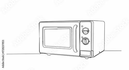 Minimalist line drawing of a microwave oven on a countertop  