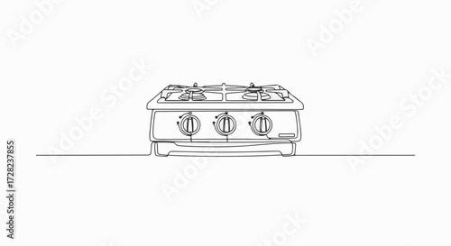 Gas stove with three burners in minimalist line art style  