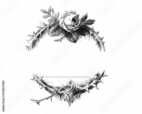 棘とバラが織りなす繊細なビンテージ風ベクターイラストレーションは、エレガントで神秘的なデザイン要素として、様々なクリエイティブプロジェクトに深みと個性を与えます。