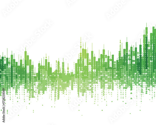 未来都市を思わせる緑色のデジタル構造が、環境に配慮した技術革新と持続可能な成長を象徴する抽象的なベクター背景です。