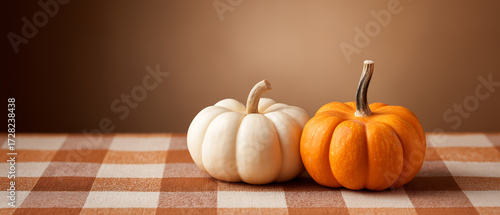 Fall pumpkins on checkered tablecloth autumn thanksgiving decoration