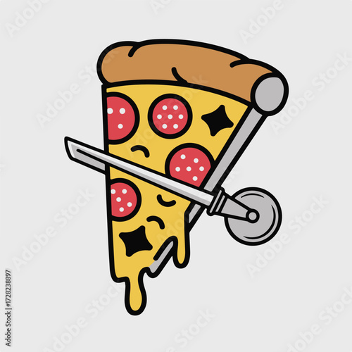 Creative cartoon pineapple pizza slice character dressed as a ninja warrior sword fighting isolated on white background