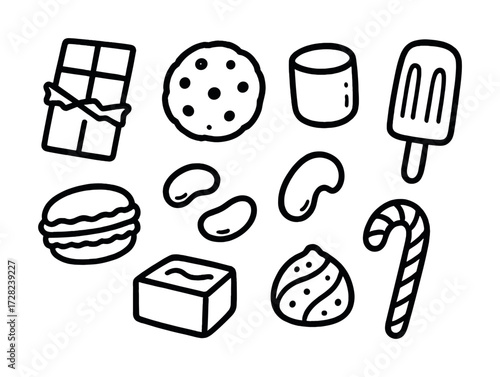 Black and white icon set of various sweets and snacks