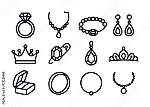 Elegant jewelry icons: necklace, ring, bracelet, earrings, crown, tiara designs