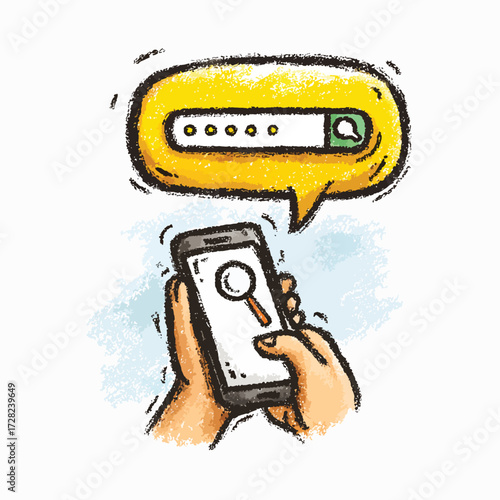 スマートフォンを操作する手が、デジタル検索やパスワード入力の概念を表現しており、オンラインセキュリティと情報アクセスの重要性を示唆する、現代のデジタルライフスタイルを象徴するベクターイラストレーション。