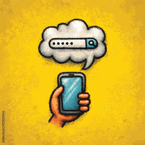 モバイルデバイスでのパスワード入力が、現代社会におけるデジタルプライバシーと情報セキュリティの確保を示す概念的なベクターイラスト。