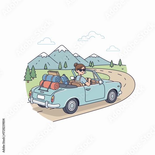 A woman enjoys a scenic road trip, driving a convertible car with luggage towards the mountains.