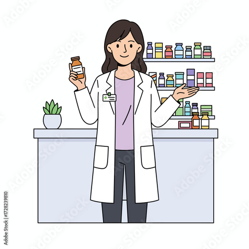 A smiling female pharmacist stands behind the counter, presenting medication with shelves of drugs in the background.