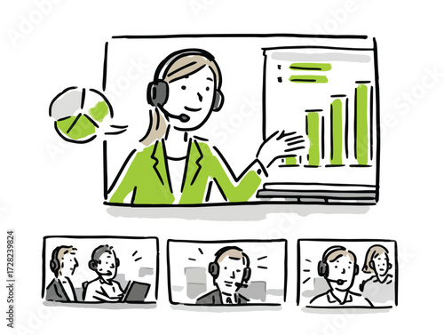 ヘッドセットを装着した女性がオンラインでプレゼンテーションを行い、複数の参加者が画面越しに繋がる様子を表現した、現代の働き方やデジタルコミュニケーションを象徴するベクターイラスト。