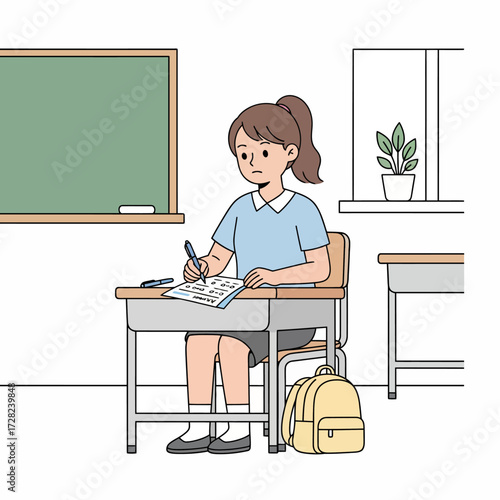 A focused female student sits at her desk in a classroom, concentrating while writing an exam or test.