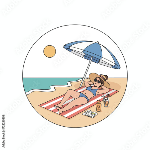 A woman in a bikini and sun hat relaxes on a beach towel under an umbrella, enjoying a sunny day.