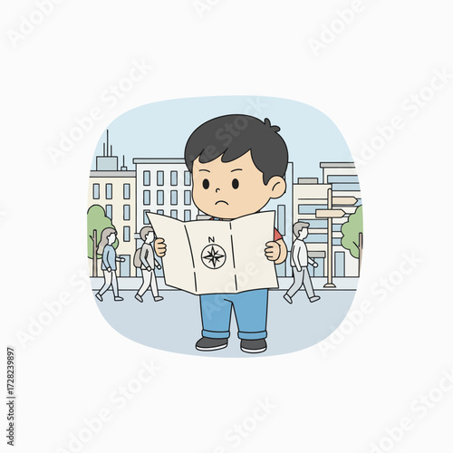 A lost and confused young boy stands in a busy city, trying to find his way by looking at a map.