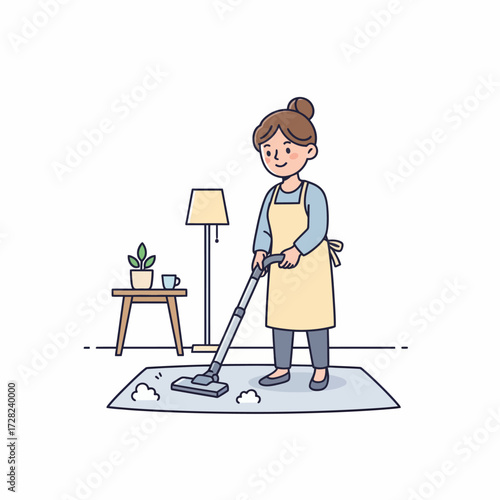 A diligent woman in an apron cleans her home, using a vacuum cleaner on the living room rug.