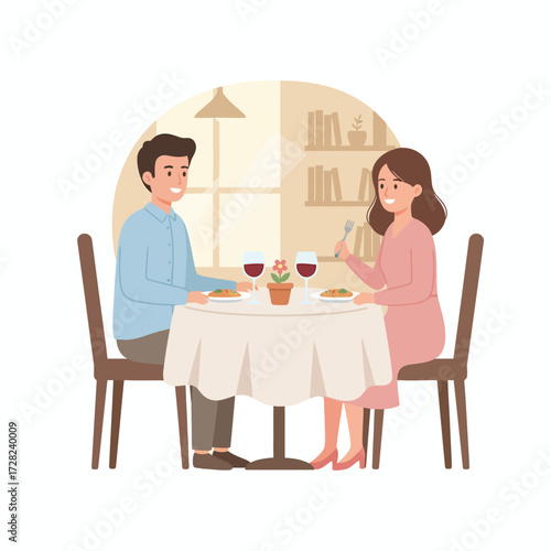 A happy couple enjoys a romantic dinner date at a restaurant, eating pasta and drinking red wine together.