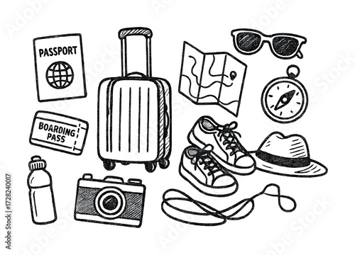 Hand-drawn travel essentials: luggage, shoes, map, passport, sunglasses, camera