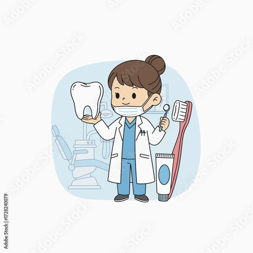 A friendly female dentist holding a tooth model and dental tools, promoting good oral hygiene in her clinic.