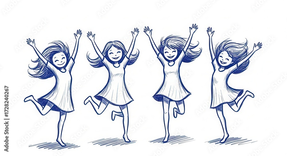 Obraz premium Joyful sketch of four girls celebrating happiness, jumping and smiling with arms raised, perfect for projects.