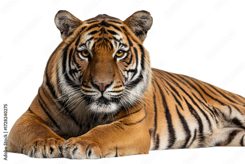 Naklejka premium Majestic tiger resting, isolated on black background.