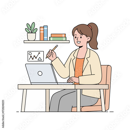 A smiling professional woman works at her desk with a laptop, analyzing a data graph.