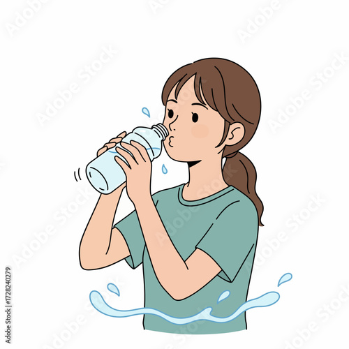 A young woman with a ponytail stays hydrated by drinking fresh, clean water from a clear bottle.