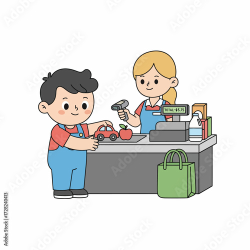 A young boy happily buys a toy car and an apple at the checkout with a friendly cashier.