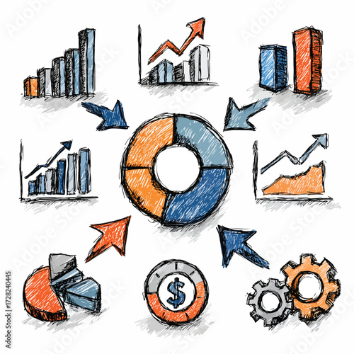 手描きスケッチ風の温かみあるビジネスグラフとアイコンが、データ分析、成長、戦略立案のプロセスを視覚的に表現する、創造的なベクターイラストセット。
