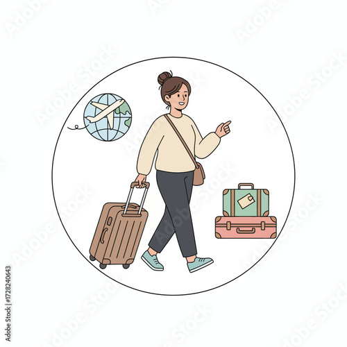A smiling woman with her luggage is ready for an exciting travel adventure, pointing towards her destination.