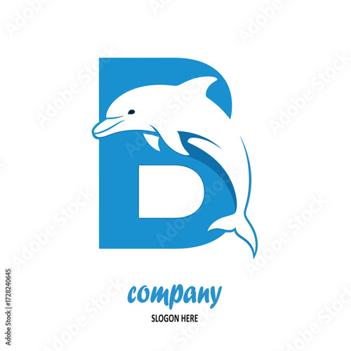 Blue letter b with dolphin illustration vector. Blue Dolphin leaping from Letter B Company Logo. Dolphin and Letter B Monogram Vector Logo.