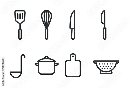 Set of kitchen utensil icons including knife, whisk, pot, and cutting board
