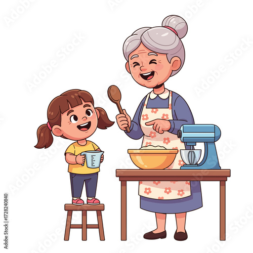Happy Family Moment Grandmother and Granddaughter Learning and Baking Together in the Kitchen