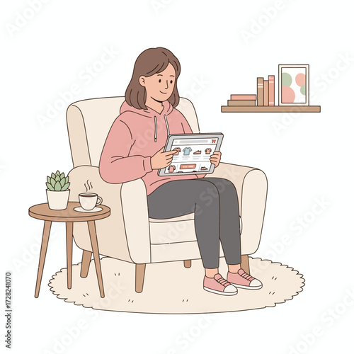 A woman relaxes in a cozy armchair, shopping online for clothes on her tablet with coffee nearby.