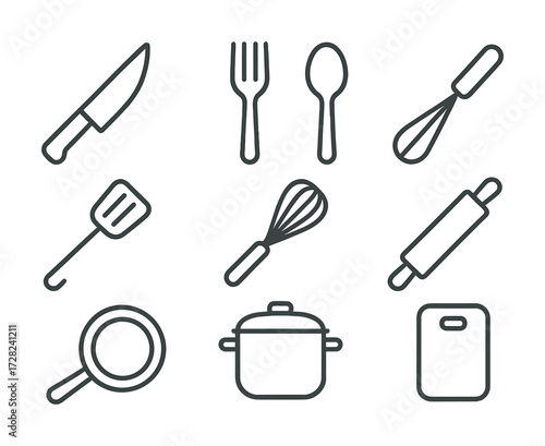 Kitchen utensil line icons set: knife, fork, spoon, whisk, spatula, pan, pot, rolling pin