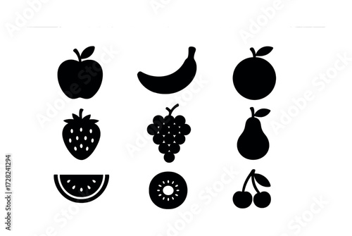 Silhouette icons of various fruits including apple, banana, orange, and more