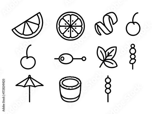 Cocktail icons: lemon, cherry, olive, herb, umbrella, drink garnishes