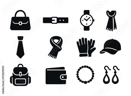 Fashion accessories icons: bags, belts, watches, scarves, ties, gloves, caps, backpacks, wallets, jewelry