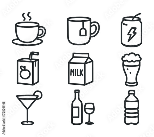 Simple line icons of various beverage containers