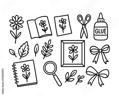 Flower craft materials with sketches scissors glue and ribbon in doodle style