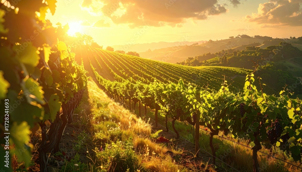 Naklejka premium Vineyard Rows Under Sunset Glowing Golden Light and Warm Hues Rural Scenic View Cultivated Land Green Vine Leaves and Distant Hills and Golden Sky