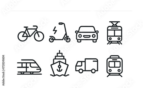 Icon set of various transportation modes including bicycle, scooter, car, train, ship, and bus