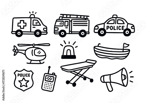 Emergency vehicles and equipment: ambulance, fire truck, police car, helicopter, siren, raft, badge, radio, stretcher, megaphone