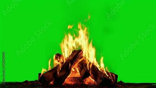 Campfire with burning logs and vibrant flames against a green screen for easy compositing