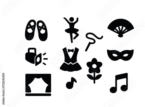 Theater elements: ballet, spotlight, mask, music, and stage icons