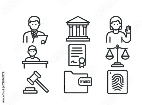 Law and justice icons set: courthouse, judge, lawyer, scales, gavel, evidence, fingerprint