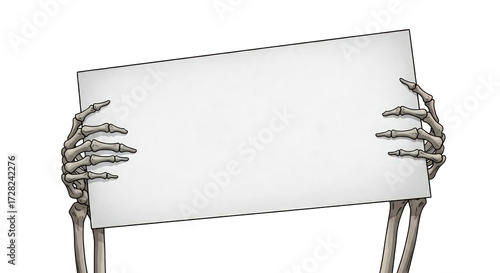 Skeleton hands holding blank sign